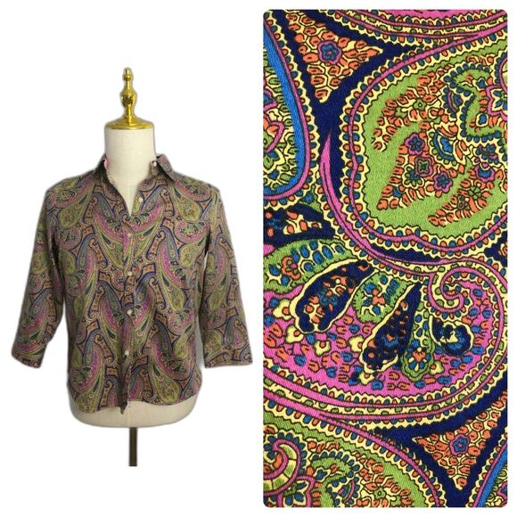 Chaps Paisley No Iron Shirt Medium Petite Cotton Button Up Collared - Picture 1 of 9